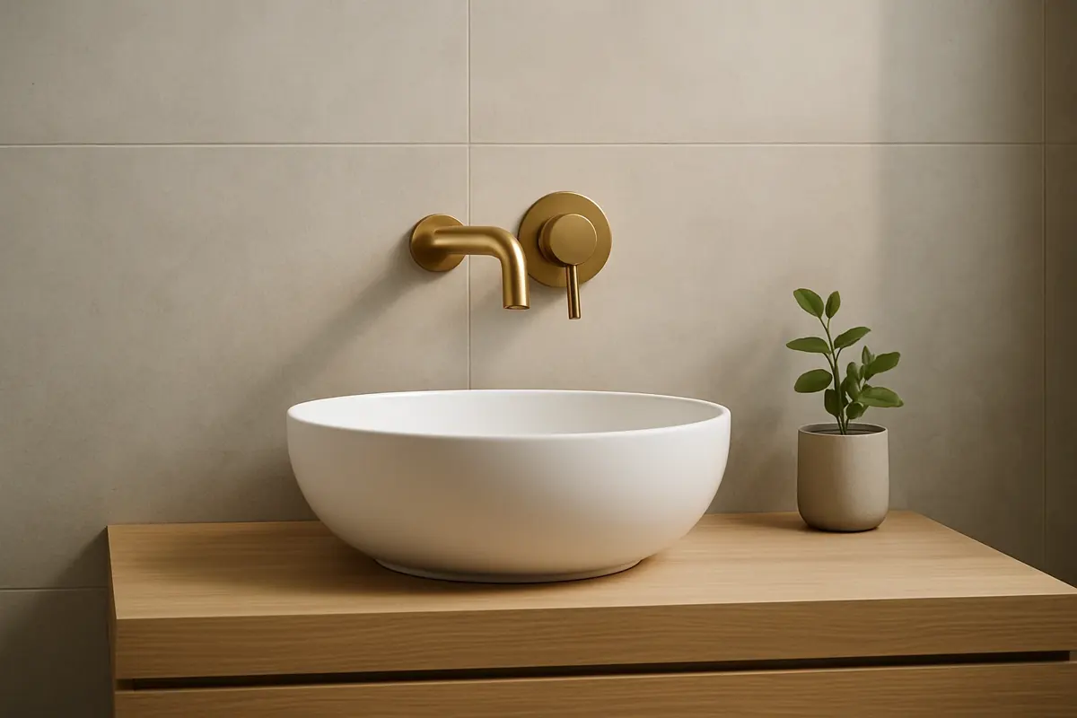 شیر روشویی توکار طلایی در حمام مینیمال