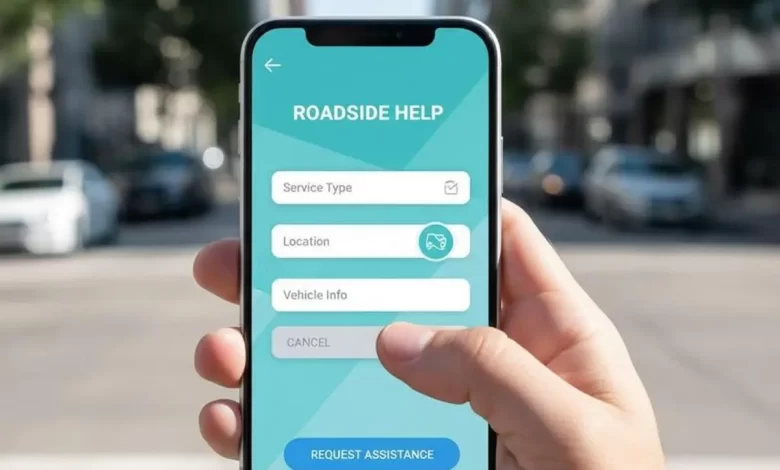 فرم آنلاین درخواست امداد خودرو روی صفحه موبایل در دست راننده در شهر تهران