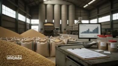 نمای داخلی کارخانه خوراک دام با سیلوهای بزرگ ذخیره، کیسههای حجیم نهاده، توده ذرت دامی در پیشزمینه، میز کنترل کیفیت شامل نمونههای دانه، بیلچه نمونهبرداری و فرمهای ثبت آنالیز، و نمایشگر نمودار پایش تولید در پسزمینه