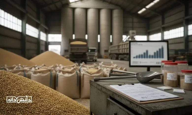 نمای داخلی کارخانه خوراک دام با سیلوهای بزرگ ذخیره، کیسه‌های حجیم نهاده، توده ذرت دامی در پیش‌زمینه، میز کنترل کیفیت شامل نمونه‌های دانه، بیلچه نمونه‌برداری و فرم‌های ثبت آنالیز، و نمایشگر نمودار پایش تولید در پس‌زمینه
