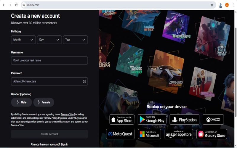 ثبت نام کردن در بازی روبلاکس