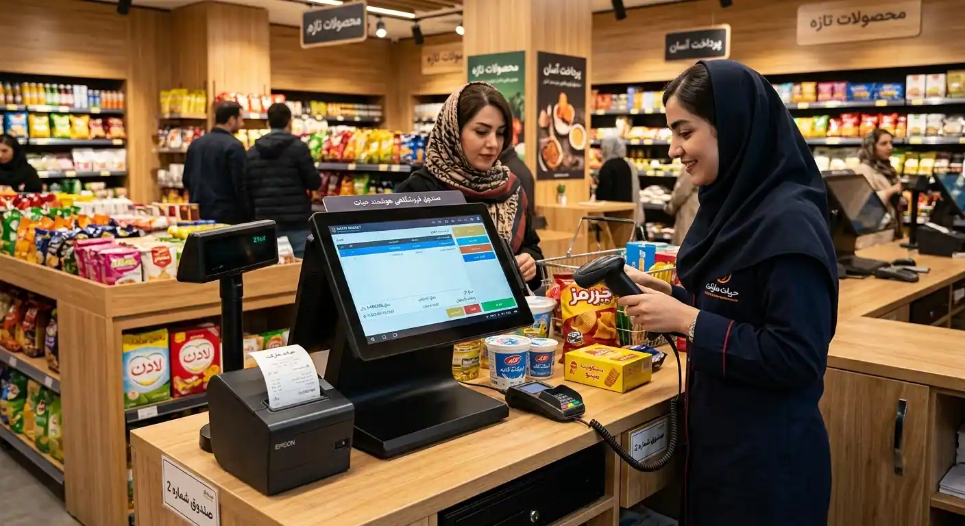 دستگاه pos فروشگاهی مدرن روی پیشخوان صندوق